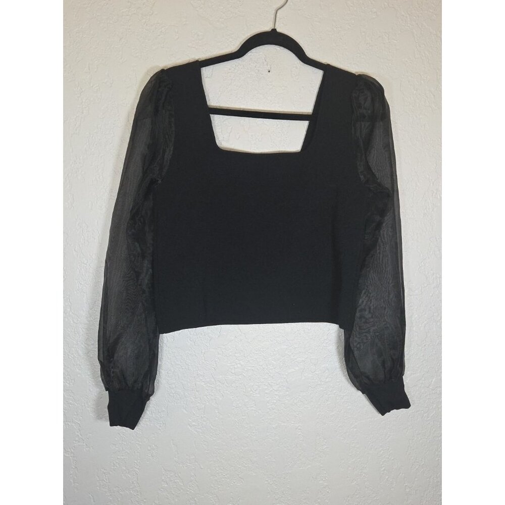 House of Harlow 1960 Black Women's Sheer Sleeve Knit Top Large